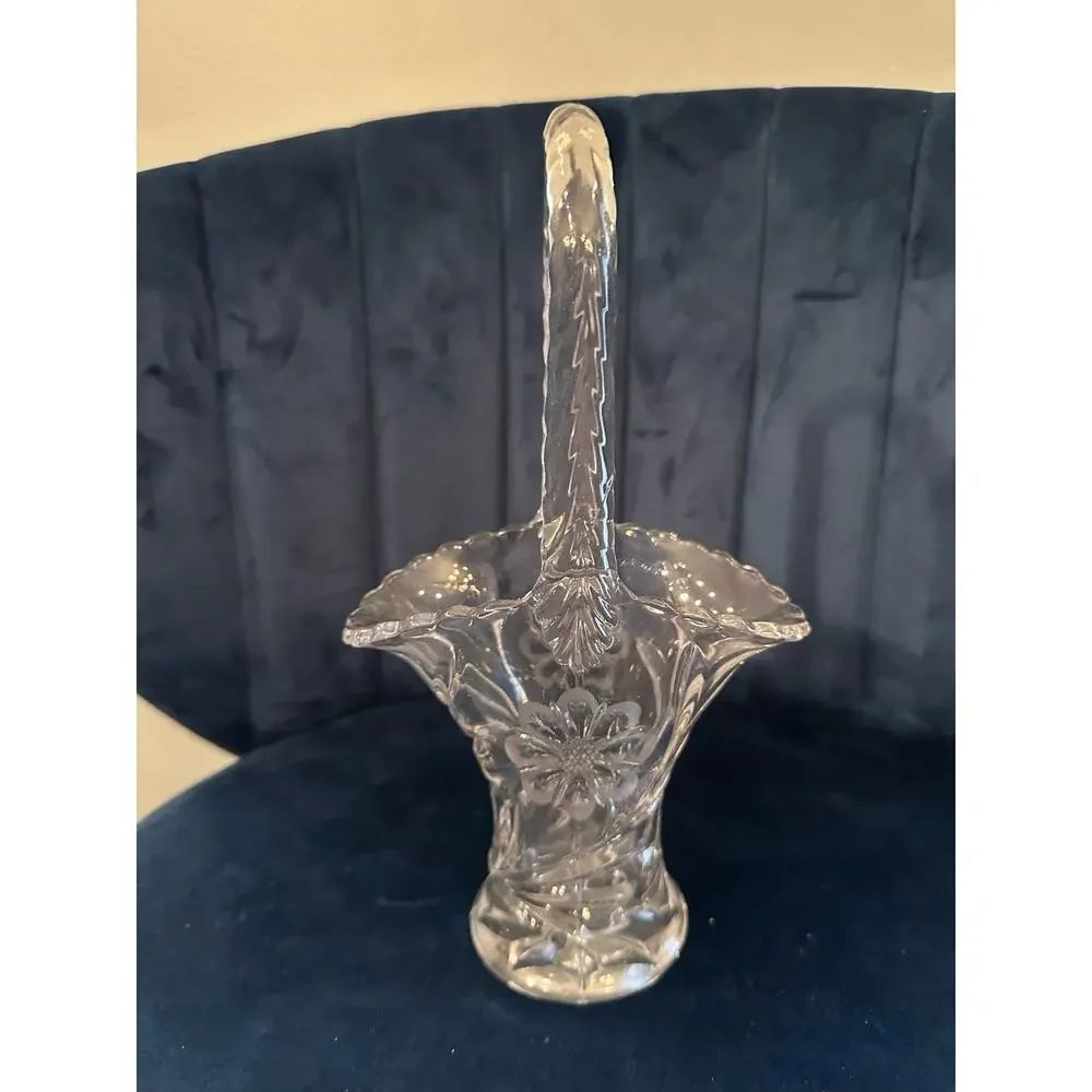 Vintage Clear Pressed Glass Floral Etched‎ Basket Scalloped Rim 11 Inch Tall